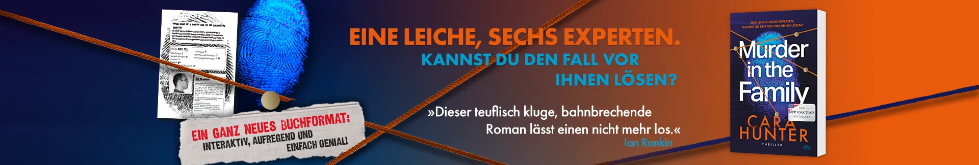 Grafik mit dem Buchcover: Murder in the Family von Murder Hunter. Text: Eine Leiche, sechs Experten. Kannst du den Fall vor ihnen lösen?