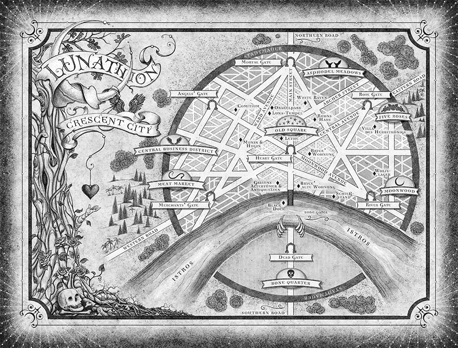 Bild der Karte von Crescent City in schwarz weiß.