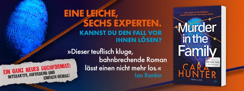 Grafik mit dem Buchcover: Murder in the Family von Murder Hunter. Text: Eine Leiche, sechs Experten. Kannst du den Fall vor ihnen lösen?