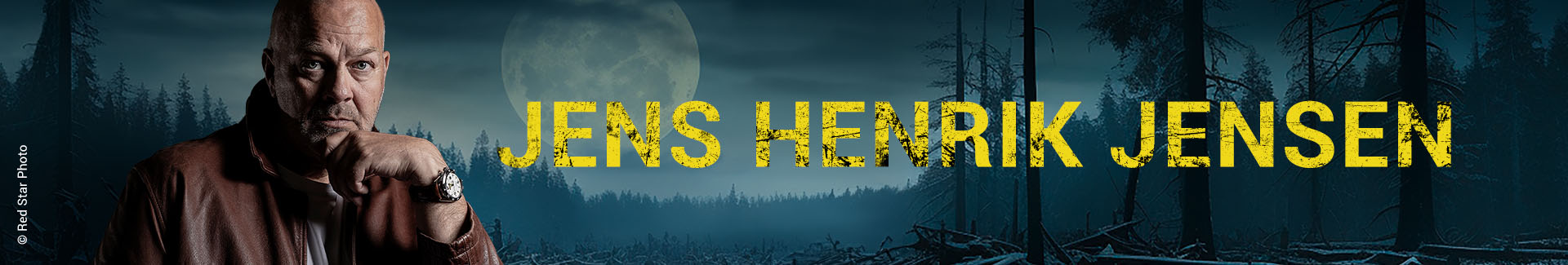 Jens Henrik Jensen Foto des Autors Jens Henrik Jensen vor dunklem Wald und Vollmond und Text Jens Henrik Jensen