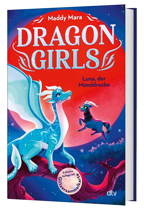 3D-Cover des Buches Dragon Girls - Luna, der Monddrache (Band 8) von Maddy Mara mit Glitzerkarte (nur in der 1. Auflage)
