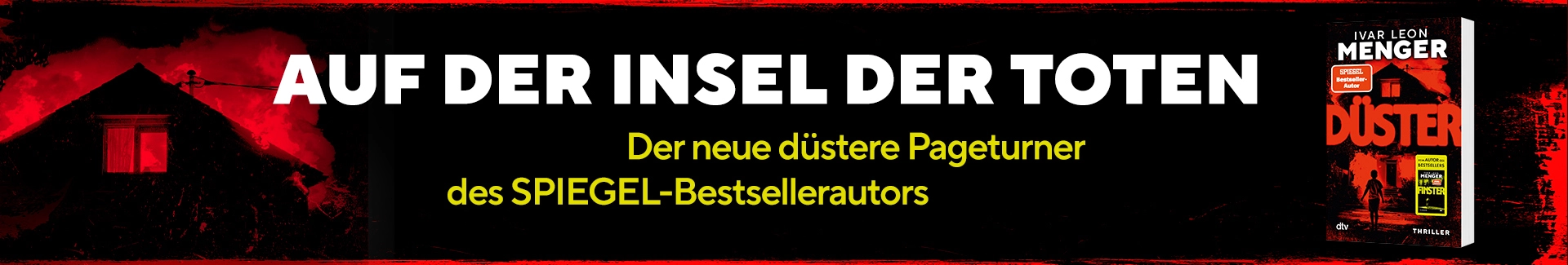 3D Cover des Buches Düster von Ivar Leon Menger. Links daneben der Text: Auf der Insel der Toten