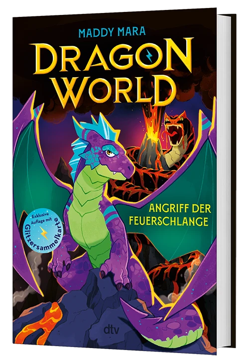 3D-Cover des Buches Dragon World – Angriff der Feuerschlange (Band 1) von Maddy Mara mit Glitzerkarte (nur in der 1. Auflage)
