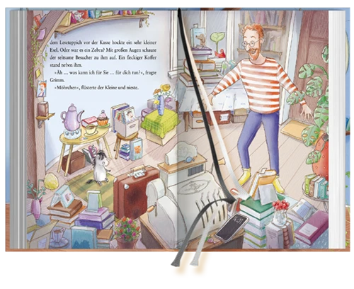Illustrierte Innenseiten aus Band 1: Grimm und Möhrchen – Ein Zesel zieht ein sowie doppeltes Lesebändchen in Weiß und Schwarz
