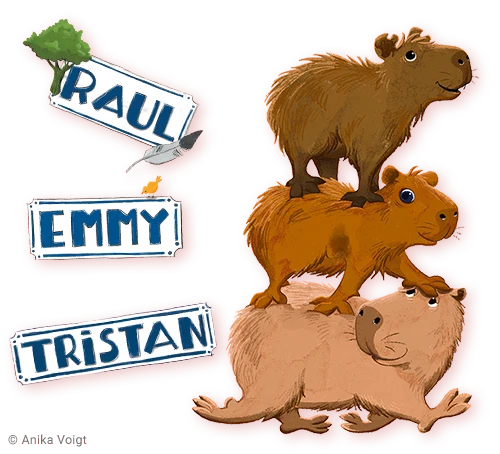 Die drei Wasserschweine Raul, Emmy und Tristan bilden eine Pyramide, Illustration © Anika Voigt