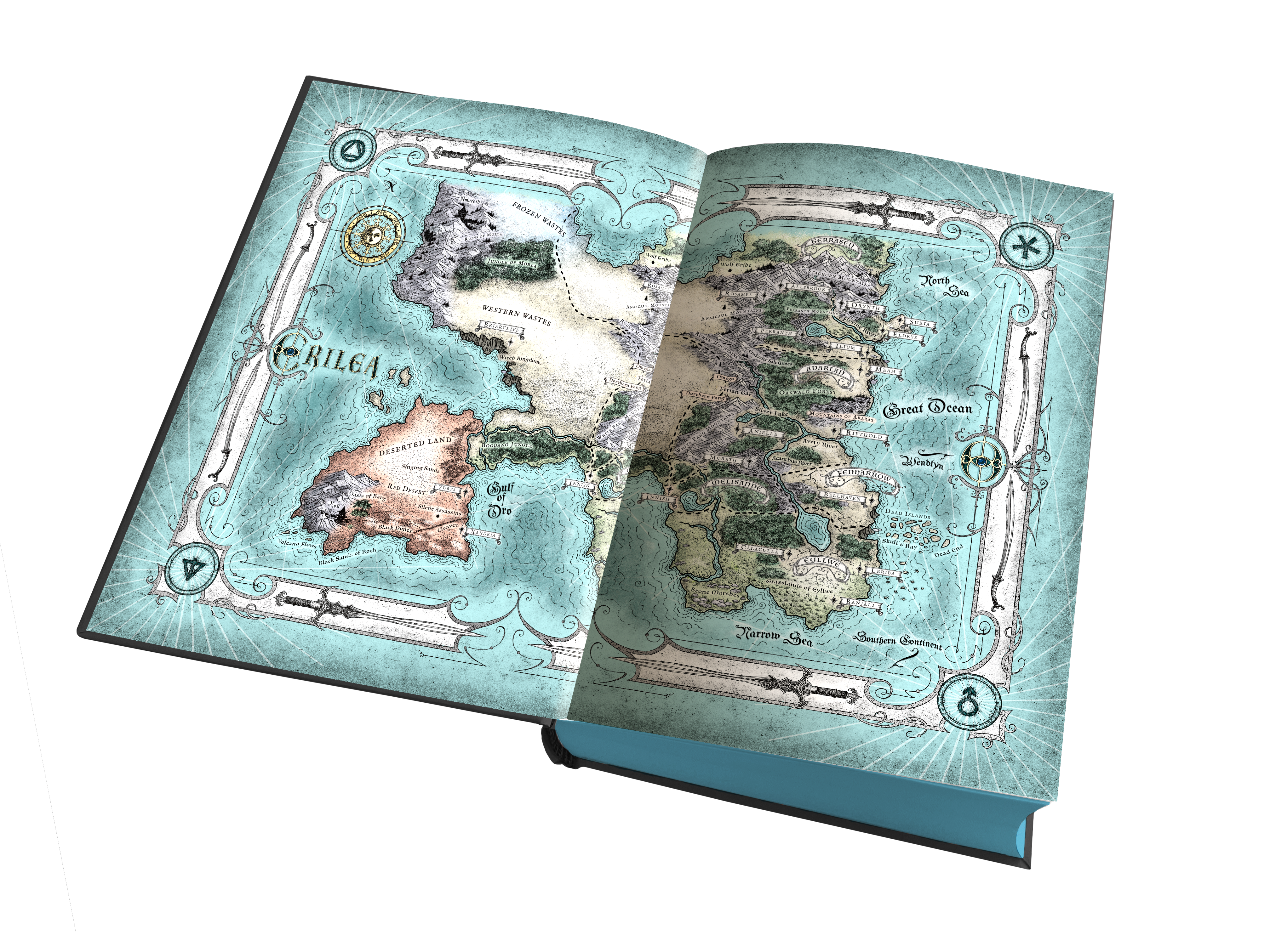 Bild des aufgeschlagenen Buches Throne of Glass Die Erwählte mit der farbigen Karte von Erilea.