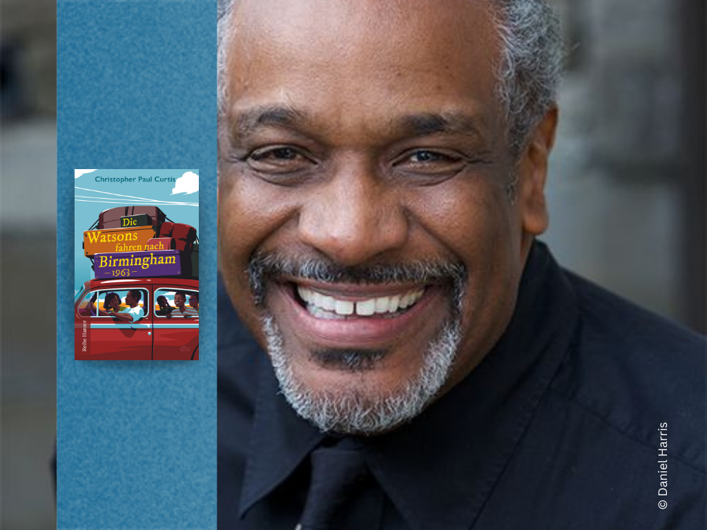 Foto des Autors Christopher Paul Curtis und Buch Die Watsons fahren nach Birmingham.
