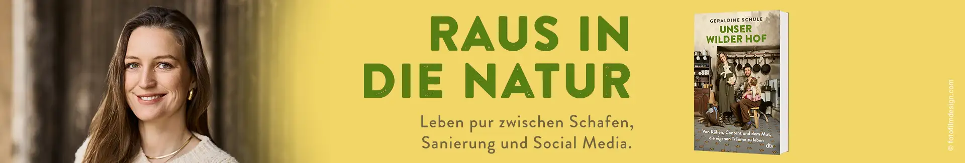 Buch Unser wilder Hof und Foto von Autorin Geraldine Schüle, Text Raus in die Natur. Leben pur zwischen Schafen, Sanierung und Social Media