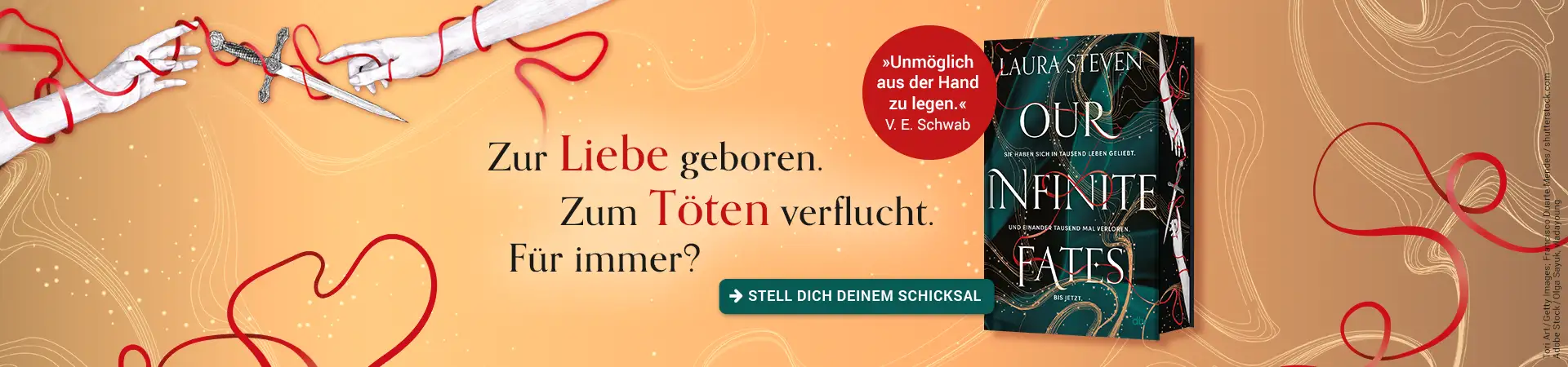 Grafik zum Buch Our Infinite Fates von Laura Steven mit dem Text: Zur Liebe geboren. Zum Töten verflucht. Für immer?