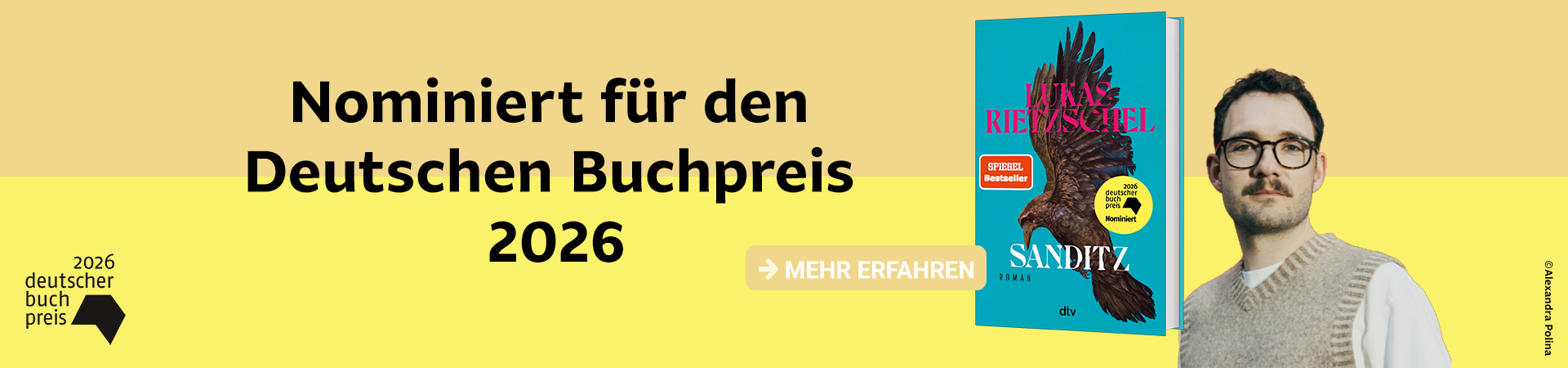 Text Nominiert für den Deutschen Buchpreis 2026, Cover von Sanditz, Autorfoto von Lukas Rietzschel