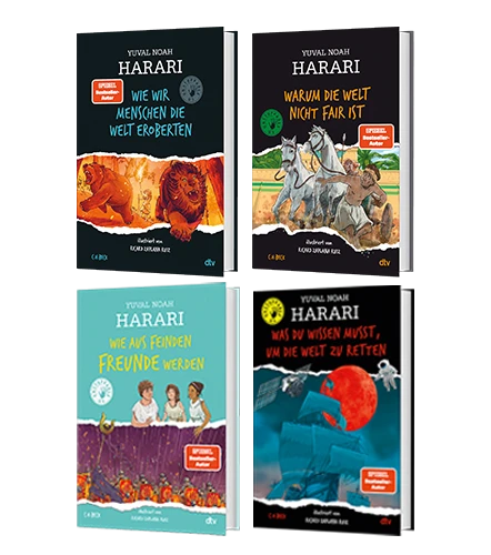 Collage aller vier Bände der Unstoppable Us-Reihe von Yuval Noah Harari