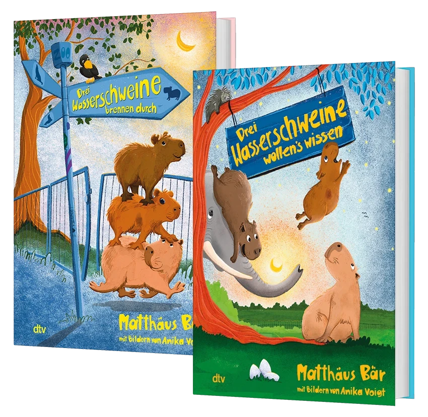 3D-Cover der beiden Bücher Drei Wasserschweine brennen durch und Drei Wasserschweine wollen's wissen von Matthäus Bär