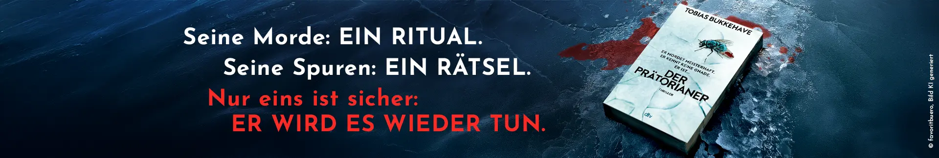 3D-Cover von Der Prätorianer von Tobias Bukkehave, in gesplittetem Eis und einer Blutlache, links daneben der Text: "Seine Morde: EIN RITUAL. Seine Spuren: EIN RÄTSEL. Nur eins ist sicher: ER WIRD ES WIEDER TUN."