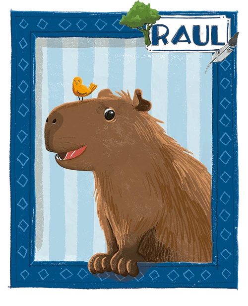 Wasserschwein Raul aus dem Buch Drei Wasserschweine brennen durch. Illustriert von Anika Voigt Zeichnung des Wasserschweins Raul aus dem Buch Drei Wasserschweine brennen durch. Illustriert von Anika Voigt