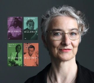 Schmuckbild Übersetzerin Miriam Mandelkow mit Büchern von James Baldwin