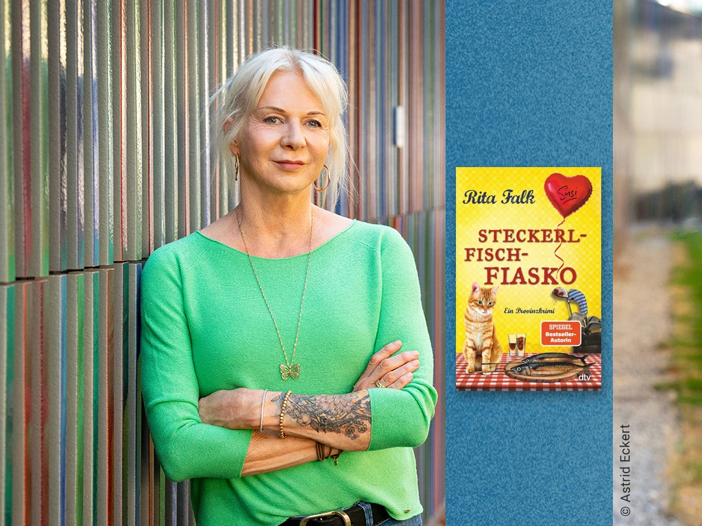 Foto der Autorin Rita Falk und Buch Steckerl-Fischfiasko