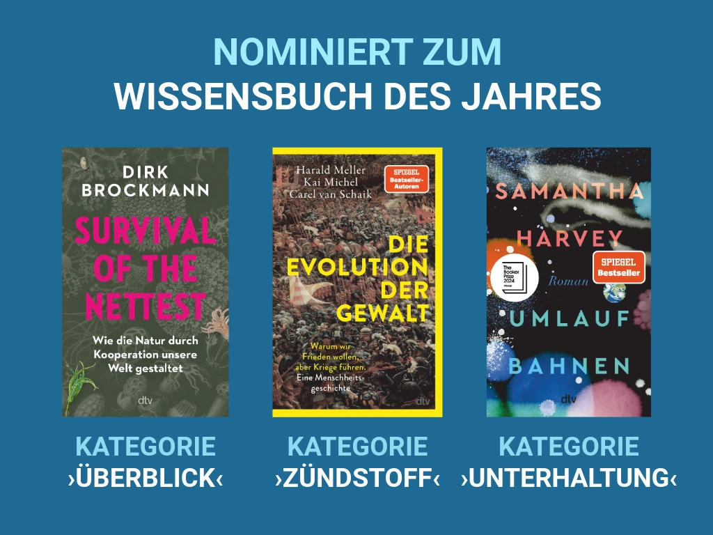 Foto mit Nominierungen für Wissensbuch des Jahres mit den Büchern Survival of the Nettest und Die Evolution der Gewalt und Umlaufbahnen