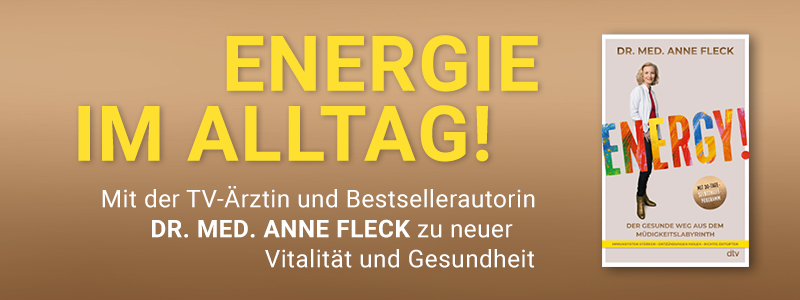 Buch Energy, Foto der Autorin Dr. Anne Fleck und Text Energie im Alltag.