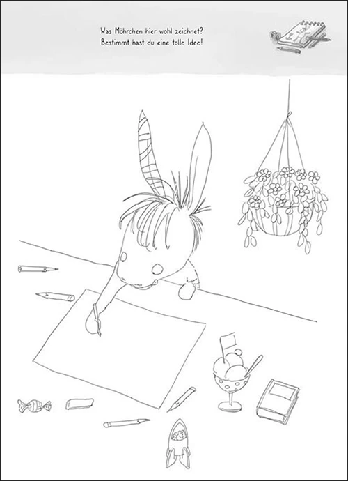 Ausmalvorlage aus dem Buch Grimm und Möhrchen – Das zeselige Mitmachbuch für graue und bunte Tage von Stephanie Schneider (Autorin) und Stefanie Scharnberg (Illustratorin). Auf dem Bild ist der Zesel an einem Tisch sitzend zu sehen, wie er gerade malt.