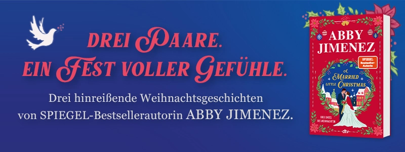 3D Cover des Buchs "A Married Little Christmas" von Abby Jimenez. Links daneben der Satz: Drei Paare. Ein Fest voller Gefühle. Links daneben ein Autorinnenfoto.