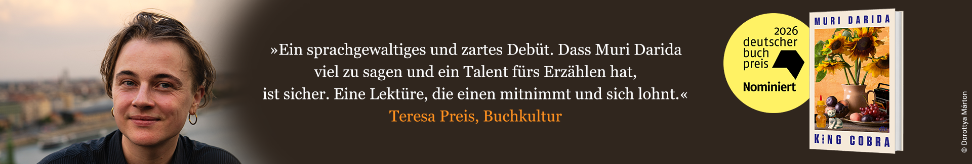 Banner zum Buch "King Cobra" von Muri Darida, nominiert zum Deutschen Buchpreis 2026