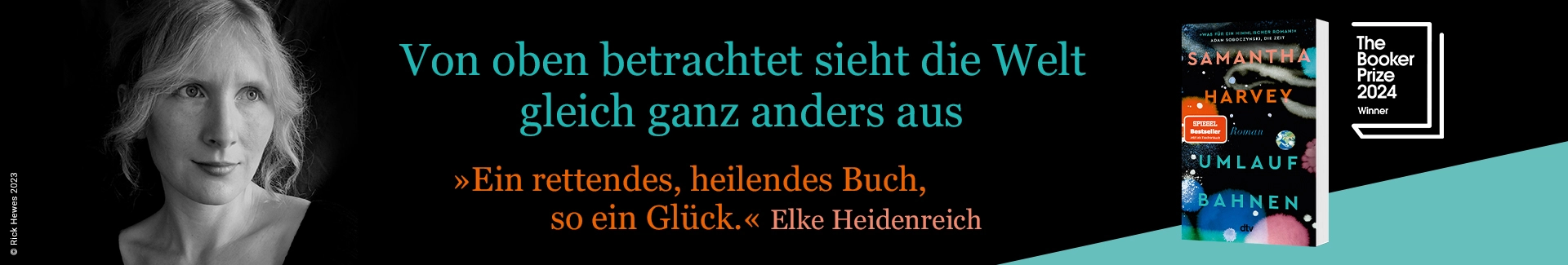 Buch Umlaufbahnen von Samantha Harvey und Zitat der Booker Prize Foundation, Umlaufbahnen ist hoffnungsvoll aktuell und zeitlos.