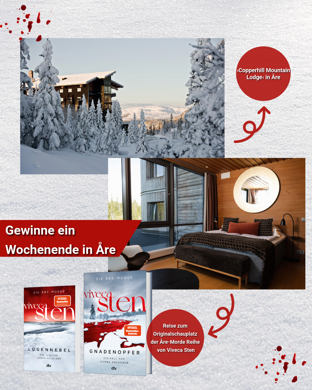 3D Cover des Buches "Gnadenopfer" und "Lügennebel von Viveca Sten. Oberhalb zwei Bilder eines Hotels und der Text: Gewinne ein Wochenende in Are.