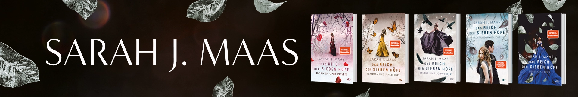 Grafik mit Text Sarah J. Maas und alle 5 Bände der Reihe Das Reich der sieben Höfe.