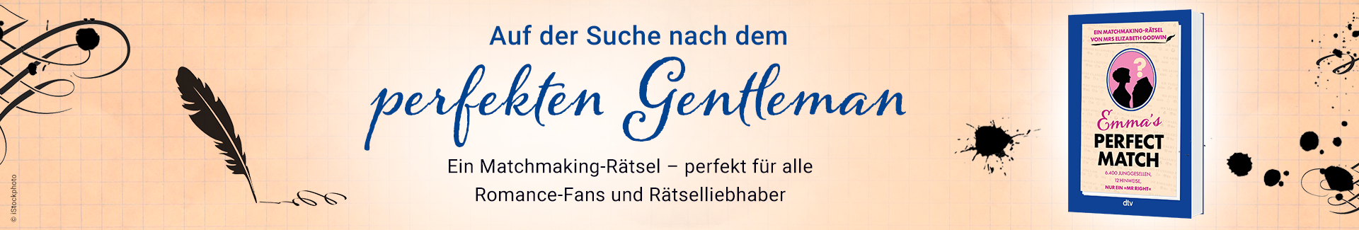 3D Cover des Buches "Emma's Perfect Match". Links daneben der Satz: "Auf der Suche nach dem perfekten Gentlemen".