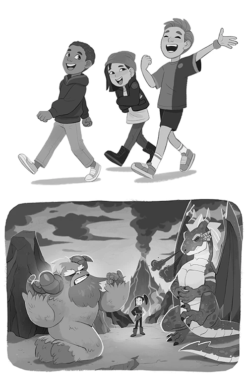 Die Hauptfiguren von Dragon World: Luca, Yazmine und Zane