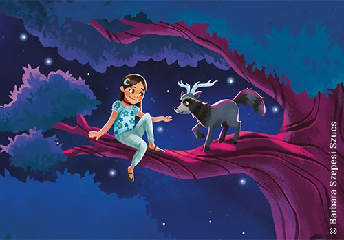 Illustration von Luna und ihrem Begleittier, einem Elchbärchen aus Band 8: Dragon Girls - Luna, der Monddrache