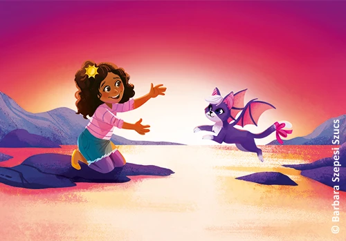 Illustration von Rosie und ihrem Begleittier, einem Flederkätzchen aus Band 7: Dragon Girls - Rosie, der Zwielichtdrache