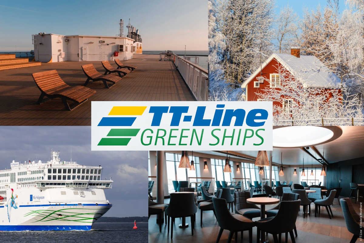 TT Line und Green Ships Logo inklusive vier atmosphärischer Fotos aus Skandinavien.