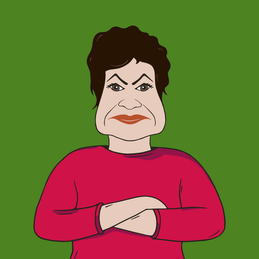 Witzige Zeichnung von Gisela in Abwehrhaltung und grummeligem Gesicht