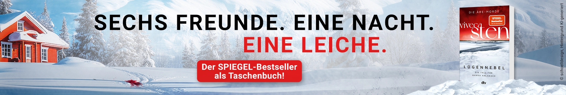 3D Cover des Buchs "Lügennebel" von Viveca Sten. Links daneben der Text: Sechs Freunde. Eine Nacht. Eine Leiche