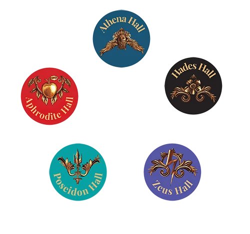 Wappen der Häuser Aphrodite, Athena, Hades, Zeus und Poseidon aus dem Buch Aftermyth von Tracy Wolff